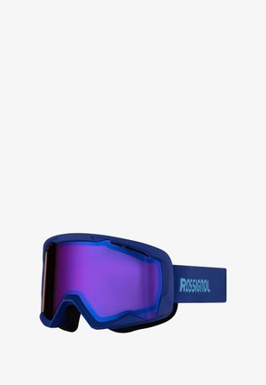 Skibril met een blauwe rand, paarse getinte lens en een donkere band met het "ROSSIGNOL" logo. Ventilatiegaten zijn zichtbaar aan de bovenkant.
