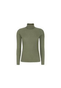Rippstrickrollkragenpullover in olivgrün. Lange Ärmel, figurbetonte Passform, weicher Griff, hoher Kragen und glatte Oberfläche.