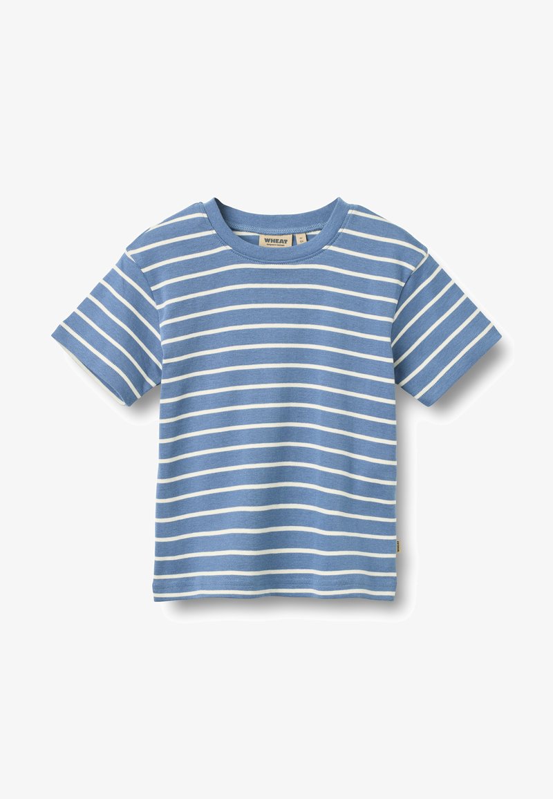 T-shirt à manches courtes rayé bleu clair et blanc, en coton doux, avec un col rond et une coupe décontractée.