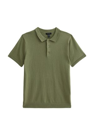 Olivgrünes Poloshirt aus weicher Baumwolle. Verfügt über einen klassischen Kragen, eine dreiknöpfige Knopfleiste und kurze Ärmel mit gerippten Bündchen.