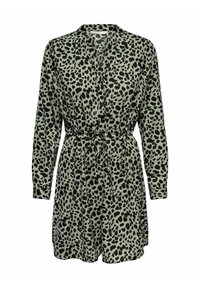 Grön leopardmönstrad klänning med krage, långa ärmar och en rynkad midja med ett band för justerbar passform.