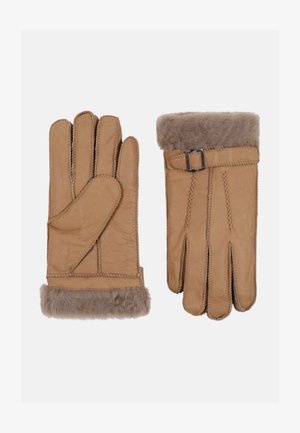 Helle Lederhandschuhe mit einem weichen braunen Fellfutter und Bündchen. Merkmale sind gestickte Details und ein kleiner Schnallenakzent an einem Handschuh.