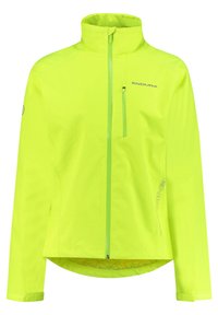 Helle, gelbe wasserdichte Jacke mit hohem Kragen, durchgehendem Rei�ßverschluss, langen Ärmeln und reflektierenden Akzenten auf dem Logo und an den Seiten.