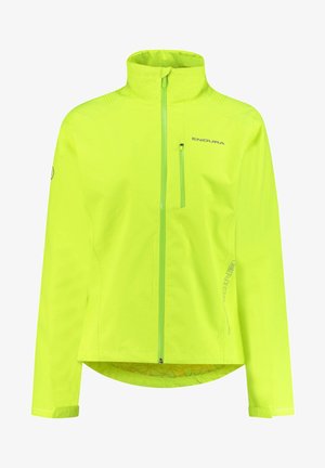 Jachetă impermeabilă de un galben strălucitor, cu guler înalt, fermoar frontal complet, mâneci lungi și accente reflective pe logo și pe laterale.