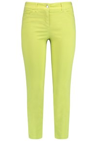 Jasně limetkově zelené kalhoty z hladkého bavlněného směsového materiálu. Mají přiléhavý střih, pět kapsiček a klasické zapínání na knoflík.