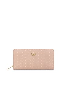 Blush pink long wallet made of textured leather, featuring white polka dots and a gold logo accent. Secured with a zipper for closure.