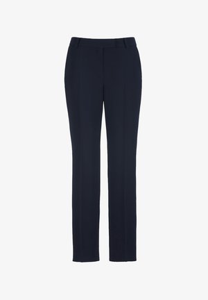 Navy blue tailored trousers with a straight leg design, made from a smooth fabric. Features a mid-rise waistband and no visible patterns.