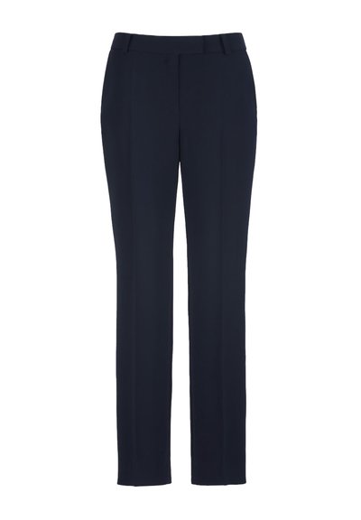 Navy blue tailored trousers with a straight leg design, made from a smooth fabric. Features a mid-rise waistband and no visible patterns.