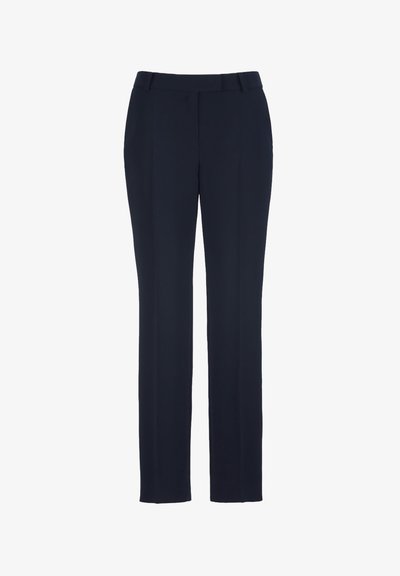 Navy blue tailored trousers with a straight leg design, made from a smooth fabric. Features a mid-rise waistband and no visible patterns.