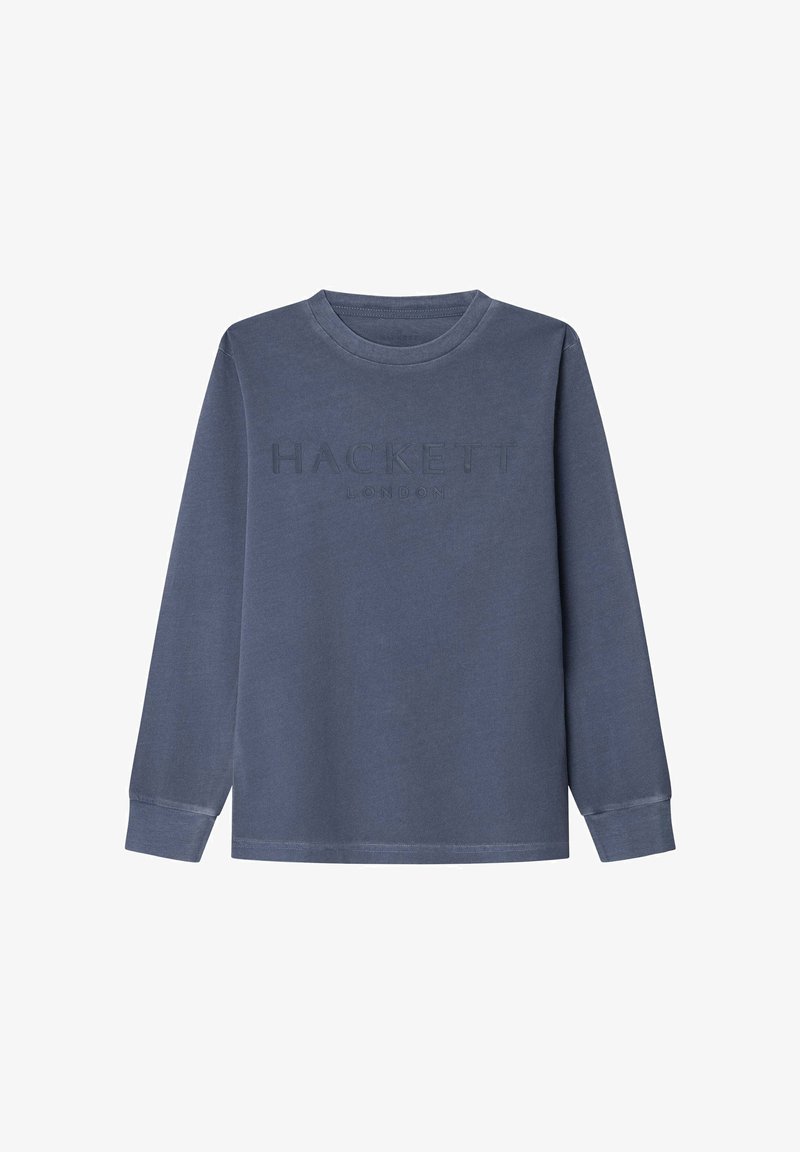 Langärmliger Rundhals-Sweatshirt in gedecktem Blau mit geprägt "HACKETT LONDON"-Text auf der Brust, mit gerippten Bündchen und Saum.