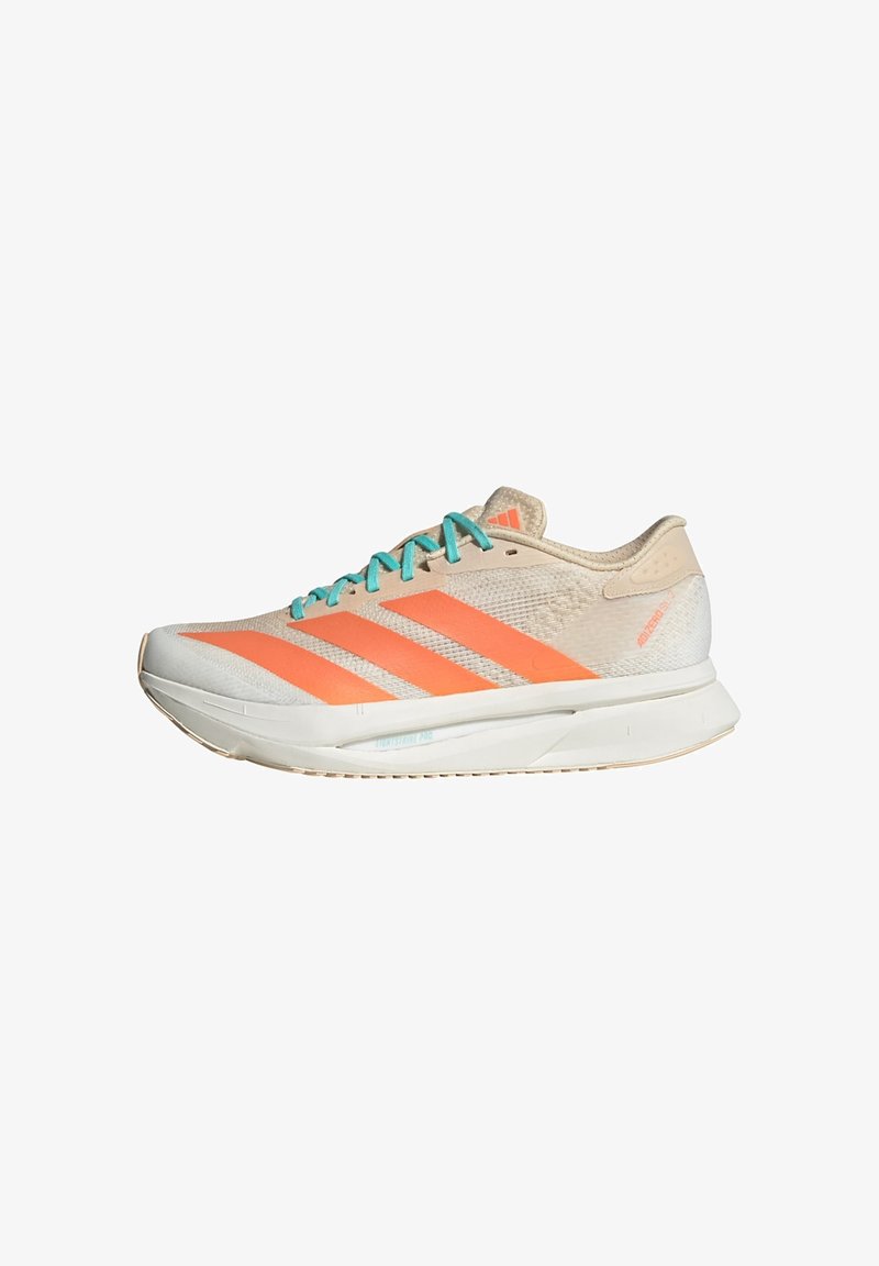 Light beige Adidas running shoe with three orange stripes, turquoise laces, and a white cushioned sole.