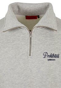 Sudadera de media cremallera en gris claro, hecha de tejido suave, con una cremallera plateada visible y el logo bordado "Prohibited Garments" en color navy.