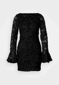 Melnā ziedu izšūšanas kleita ar garām caurspīdīgām piedurknēm, izplestiem aprocēm un pieguļošu siluetu. Mācots ar paceltu ziedu rakstu.