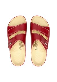 Sandales rouges avec deux sangles Velcro ajustables, semelle intérieure beige texturée et couture blanche. Dessus synthétique lisse avec un design arrondi.