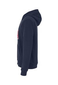 Felpa blu navy con tasca frontale, polsini e orlo a coste, cappuccio con cordino e dettagli grafici rossi a contrasto sul petto.