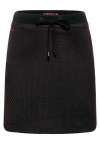 Černá sukně s texturovaným vzorem, elastickým pasem a nastavitelnou šňůrkou. Obsahuje jemné akcenty pro zvýšení vizuálního zájmu.