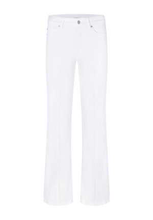 Vaqueros blancos de pierna recta con cierre frontal de botón y cremallera, bolsillos laterales y traseros, mostrados sobre un fondo blanco liso.