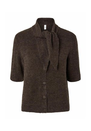 Tmavě hnědý krátký pletený kardigan s krátkými rukávy, třemi knoflíky vpředu a jemným detailem límce se zavazováním na krku.