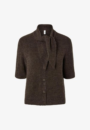 Mørkebrunt, kortermet strikket cardigan med tre knapper foran og en myk knytehalsdetalj.