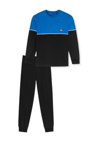 Blue and black long-sleeve top with crew neck, contrasting horizontal stripe, and black pants with elastic cuffs; cotton blend material.