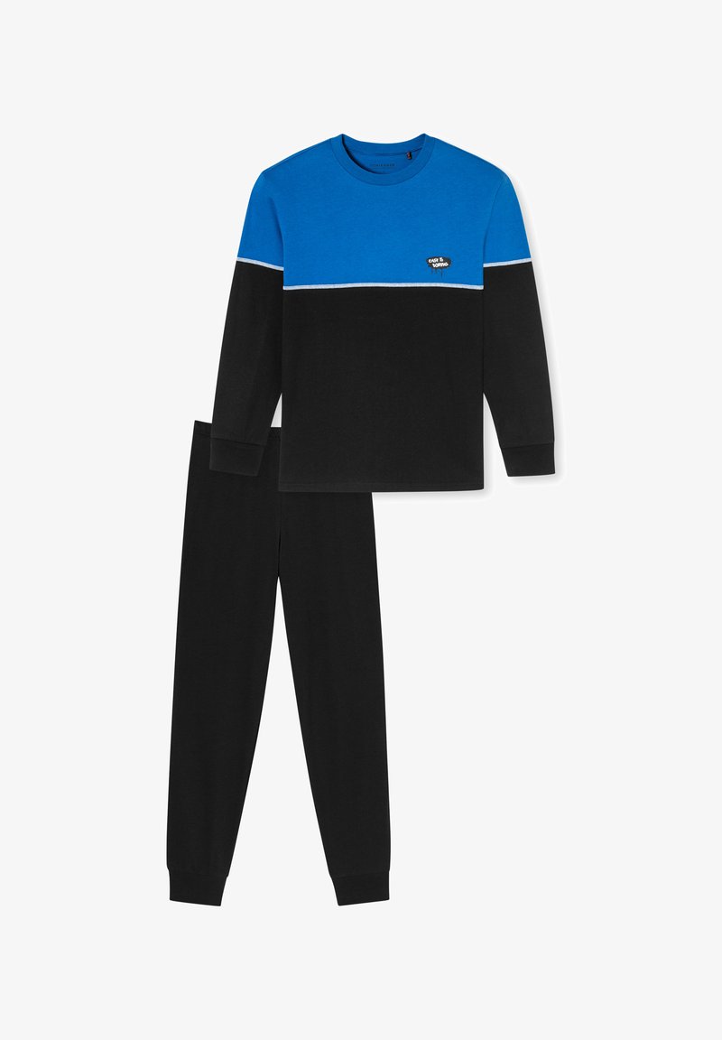 Blue and black long-sleeve top with crew neck, contrasting horizontal stripe, and black pants with elastic cuffs; cotton blend material.