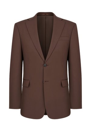 Brązowa marynarka w stylu dopasowanym z wyłogowym kołnierzem, zapięciem na dwa guziki i bocznymi kieszeniami. Gładki materiał o subtelnym połysku.