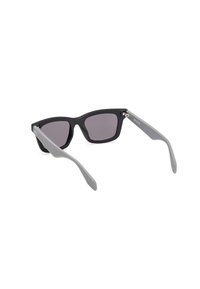 Black square sunglasses with gray textured arms and dark lenses. Features silver metal accents at the hinges. Lightweight plastic frame.