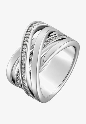 Silver ring featuring intertwined bands with a polished finish. One band adorned with small clear stones for added detail.