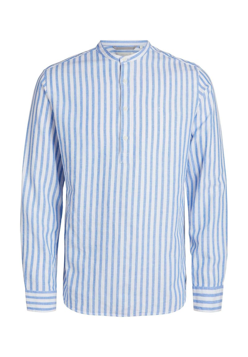 Camicia a manica lunga a righe blu e bianche con colletto alla mandarino e chiusura a bottoni. Realizzata in un tessuto leggero, presenta polsini a righe in contrasto.