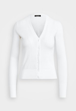 Cardigan bianco a maniche lunghe realizzato in tessuto morbido. Caratterizzato da un collo a V e una fila di sei bottoni abbinati sulla parte anteriore. Vestibilità corta.