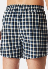 Boxers à carreaux bleus et blancs avec une taille élastique. Le tissu est léger et présente un motif à carreaux classique.