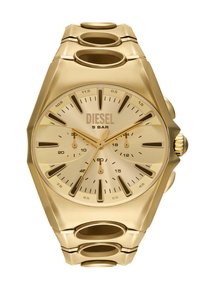 Goldfarbene Analog-Uhr mit strukturiertem Zifferblatt, drei Unterzifferblättern, auffälligen Stundenmarkierungen und einem massiven Gliederarmband-Design. Wasserfest bis 5 bar.