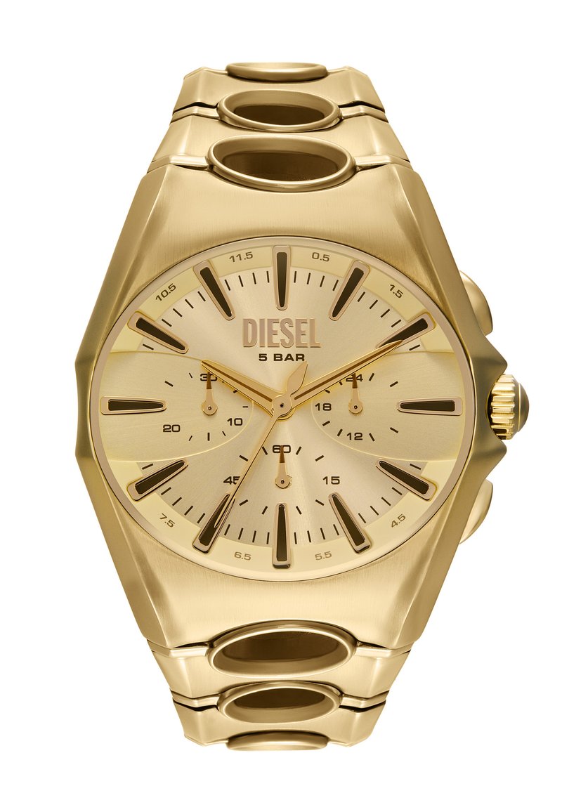 Goldfarbene Analog-Uhr mit strukturiertem Zifferblatt, drei Unterzifferblättern, auffälligen Stundenmarkierungen und einem massiven Gliederarmband-Design. Wasserfest bis 5 bar.