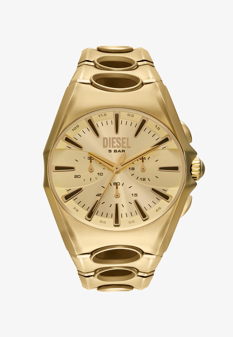 Goldfarbene Analog-Uhr mit strukturiertem Zifferblatt, drei Unterzifferblättern, auffälligen Stundenmarkierungen und einem massiven Gliederarmband-Design. Wasserfest bis 5 bar.