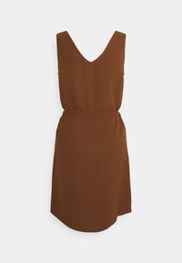 Braunes ärmelloses Kleid mit V-Ausschnitt, tailliertem Bund und weit schwingendem Rock. Hergestellt aus strukturiertem Stoff mit glatter Oberfläche.