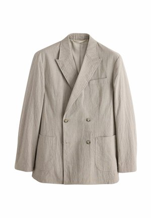 Light beige double-breasted pinstripe blazer with notch lapels, three buttons, two front patch pockets, and one chest pocket.