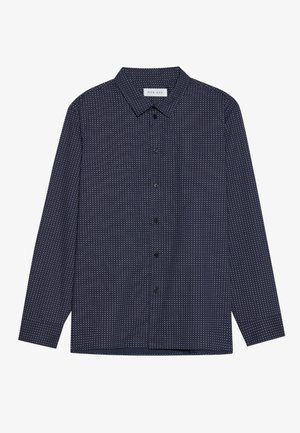 Navy long-sleeve shirt with a button-down collar, featuring a subtle geometric pattern, black buttons, and a straight hem.