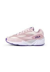 Pink suede sneakers feature white leather accents, a thick white sole with purple detailing, and a textured upper with perforations. Fila logo displayed.