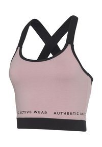 Hellrosa Sport-BH mit schwarzen Akzenten, der ein gekreuztes Trägerdesign und einen durchgehenden schwarzen Bund mit der Aufschrift "AUTHENTIC ACTIVE WEAR" aufweist.