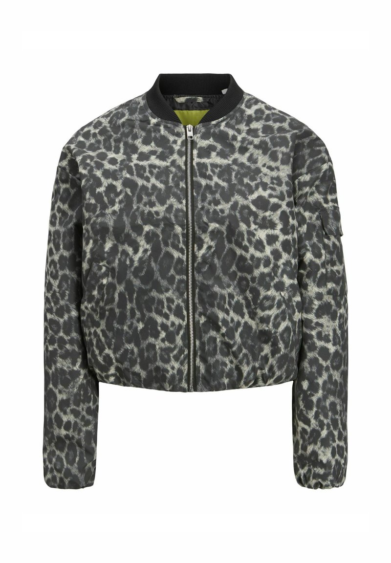 Giacca bomber cropped in stampa leopardata nera e grigia. Presenta una zip frontale, colletto a costine e maniche lunghe con polsini elasticizzati.