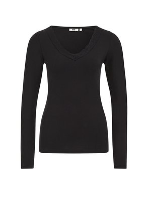 Blusa negra de manga larga con escote en V, con un borde de encaje en forma de scallop. Fabricada con un tejido suave y elástico para mayor comodidad y un diseño ajustado.