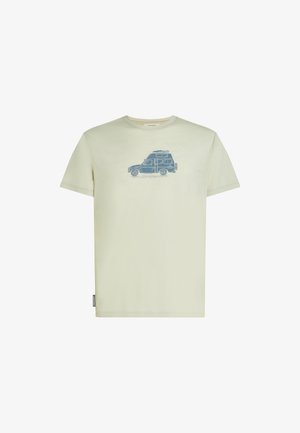 Lichtgroen katoenen t-shirt met een blauwe graphic van een bus met een dakdrager, standaard korte mouwen en een ronde hals.