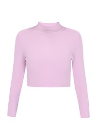 Maglione corto rosa tenue con texture a coste, maniche lunghe e collo alto. Design semplice senza decorazioni.