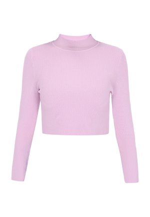 Lys pink cropped sweater med ribbet tekstur, lange ærmer og høj halsudskæring. Enkel desig uden udsmykninger.