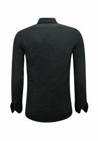 Zwarte, lange mouwen shirt met een aansluitend ontwerp, gladde textuur en een klassieke kraag. Knopenmanchetten en subtiele naden aan de achterkant.