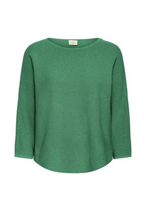 Zaļš adīts džemperis ar plašu apaļu kakla izgriezumu un trīs ceturtdaļu piedurknēm. Teksturēta virsma ar viegli izliekta apakšmala un brīvs piegriezums.