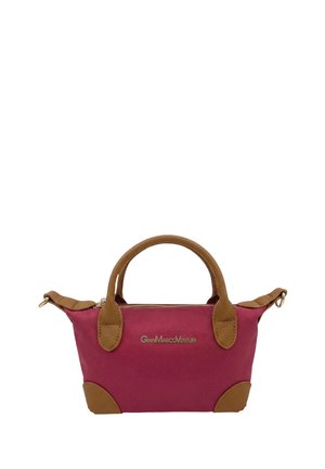 Petit sac à main fuchsia avec poignées et bordures en cuir marron, fermeture éclair dorée et logo de la marque centré à l'avant.