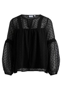 Černá průsvitná halenka s puntíkovým vzorem, kulatým výstřihem, krajkovými detaily a dlouhými nařasenými rukávy s elastickými manžetami.