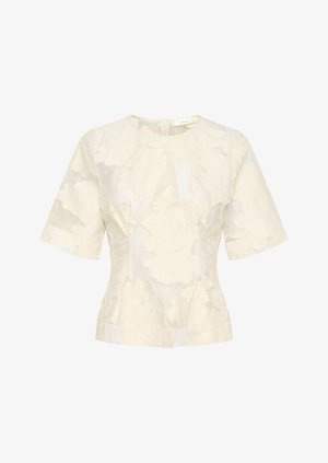 Kurzärmlige cremefarbene Bluse mit strukturiertem Blumenmuster, Rundhalsausschnitt und dezenten Falten an der Taille für eine definierte Silhouette.
