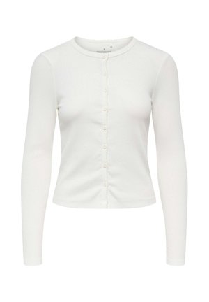 White long-sleeve cardigan, ribbed texture, round neckline, front button closure with small buttons, fitted design. Smooth fabric finish.